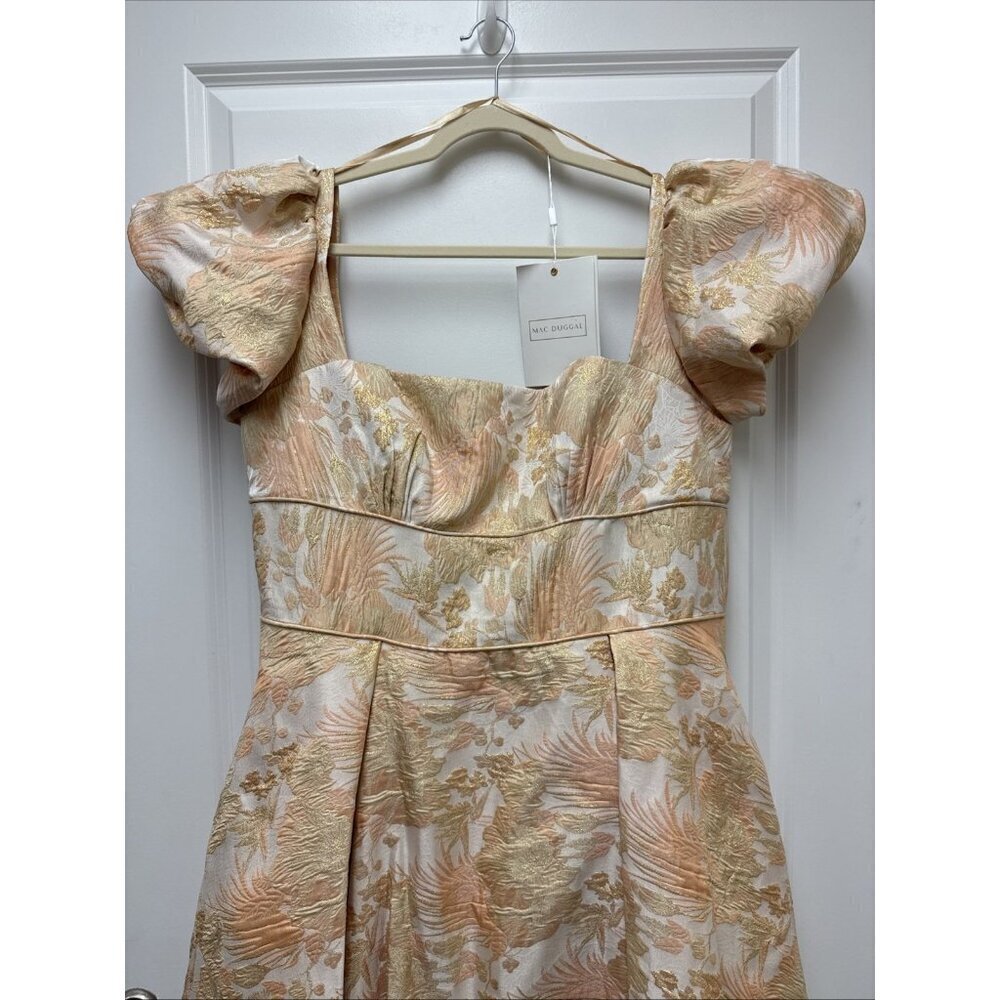 MAC DUGGAL Size 14 Peach Floral Brocade 68276 Puff Sleeve High Low Gown Dress - Picture 5 of 10